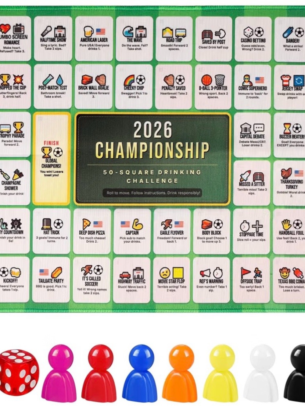 2026 Championship 50-Square Drinking Challenge Game - Multicolor